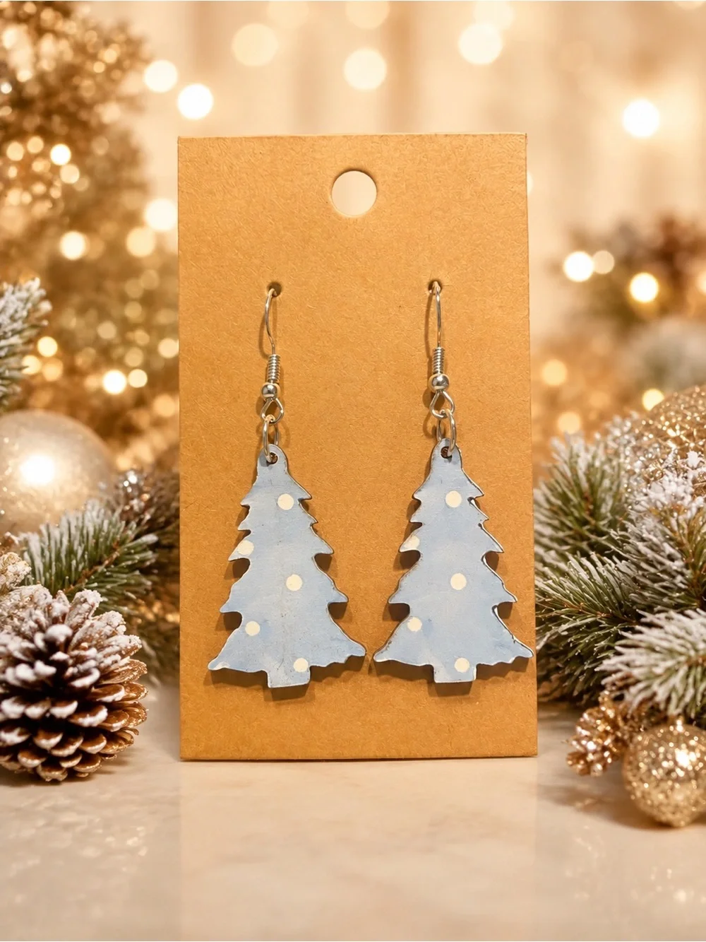*Buy Now* Blue Polka Dot Christmas Tree Wooden Earrings